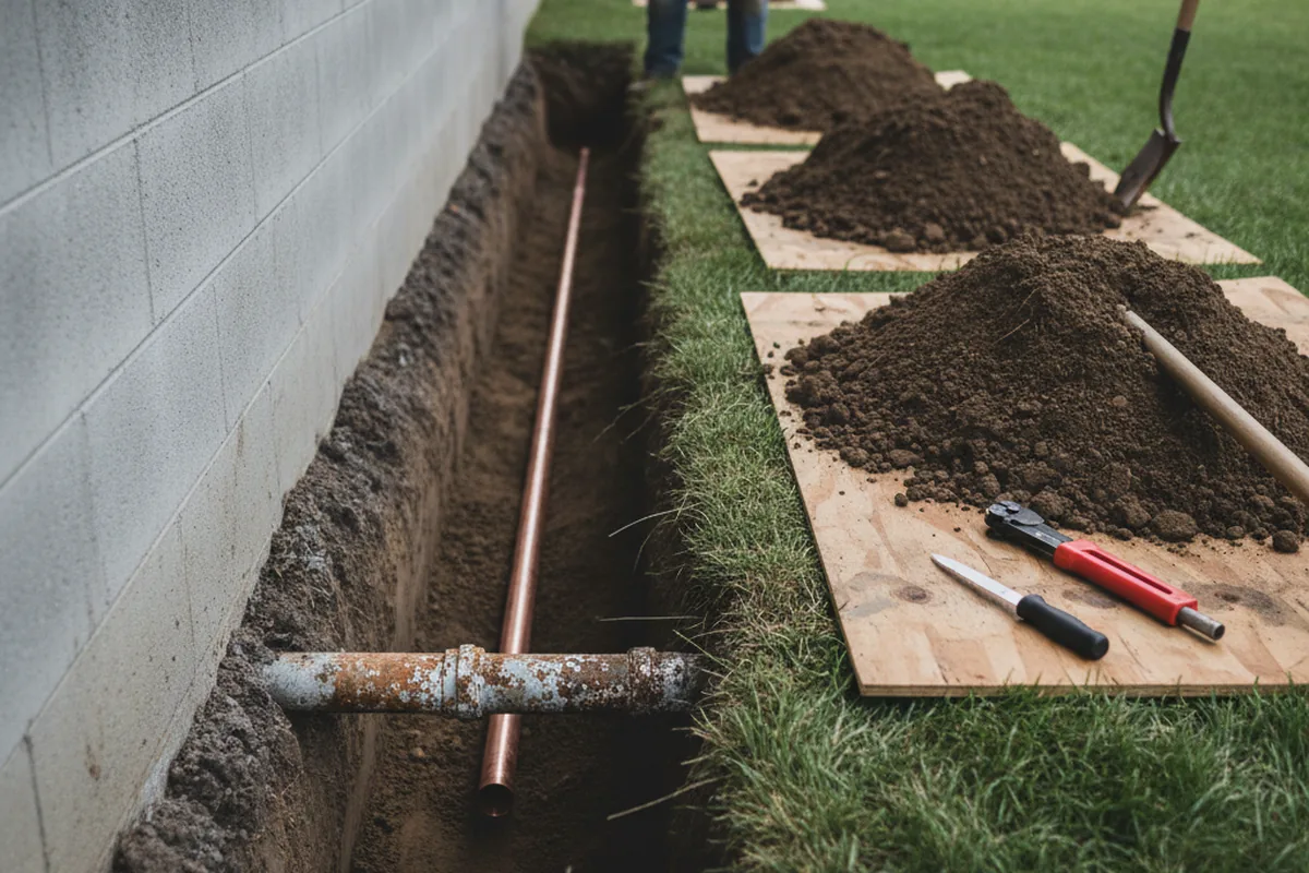 Excavated water line trench during Sewer Line Repair in Ironside